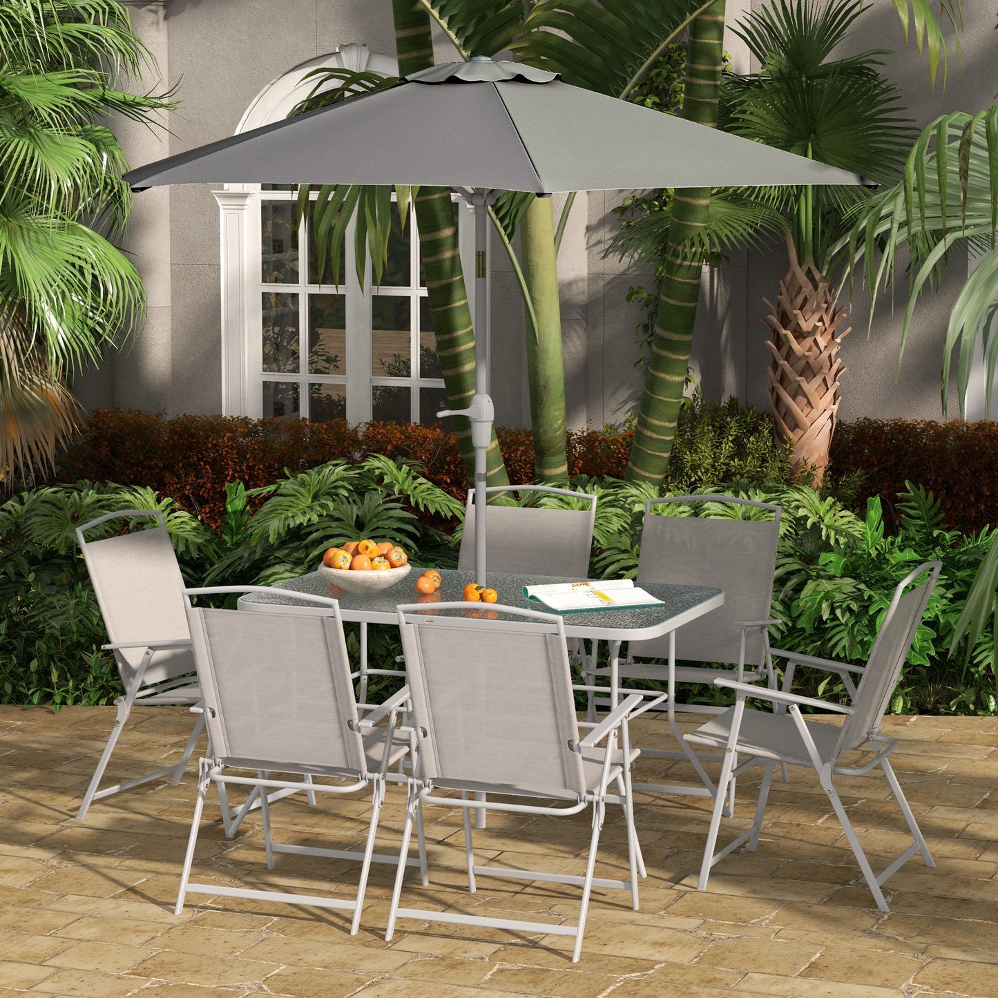 8 Piece Patio Dining Set with Table Umbrella, 6 Folding Chairs and Rectangle Dining Table, Grey