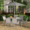 8 Piece Patio Dining Set with Table Umbrella, 6 Folding Chairs and Rectangle Dining Table, Grey