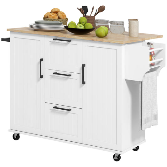 Rolling Kitchen Cart with Drop Leaf and 3 Drawers - White