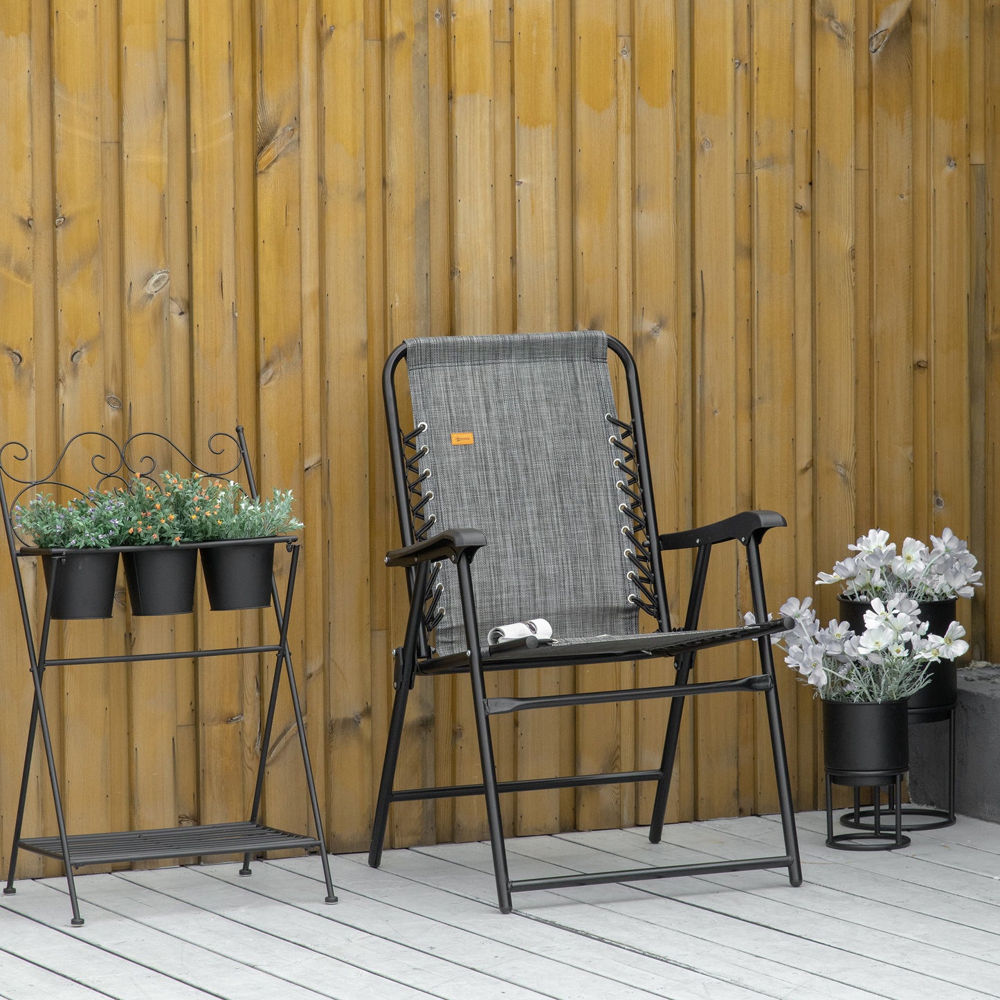 Outdoor Folding Chair, Bungee Sling Foldable Patio Dining Chair with Armrests, Folding Lawn Chair for Camping, Garden, Pool, Beach, Backyard, Grey