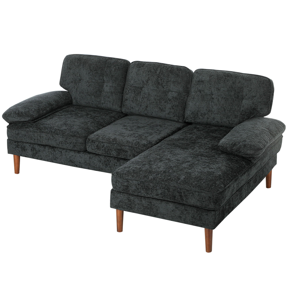 Modern Corner Couch with Right Chaise Lounge, Tufted 3-Seater Sofa with Wooden Legs for Living Room, Black