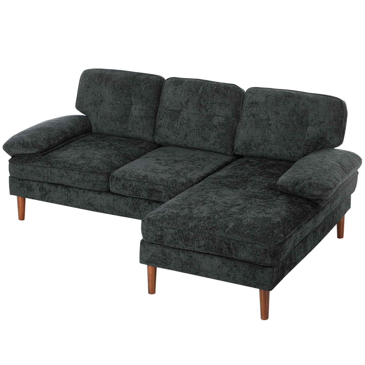 Modern Corner Couch with Right Chaise Lounge, Tufted 3-Seater Sofa with Wooden Legs for Living Room, Black