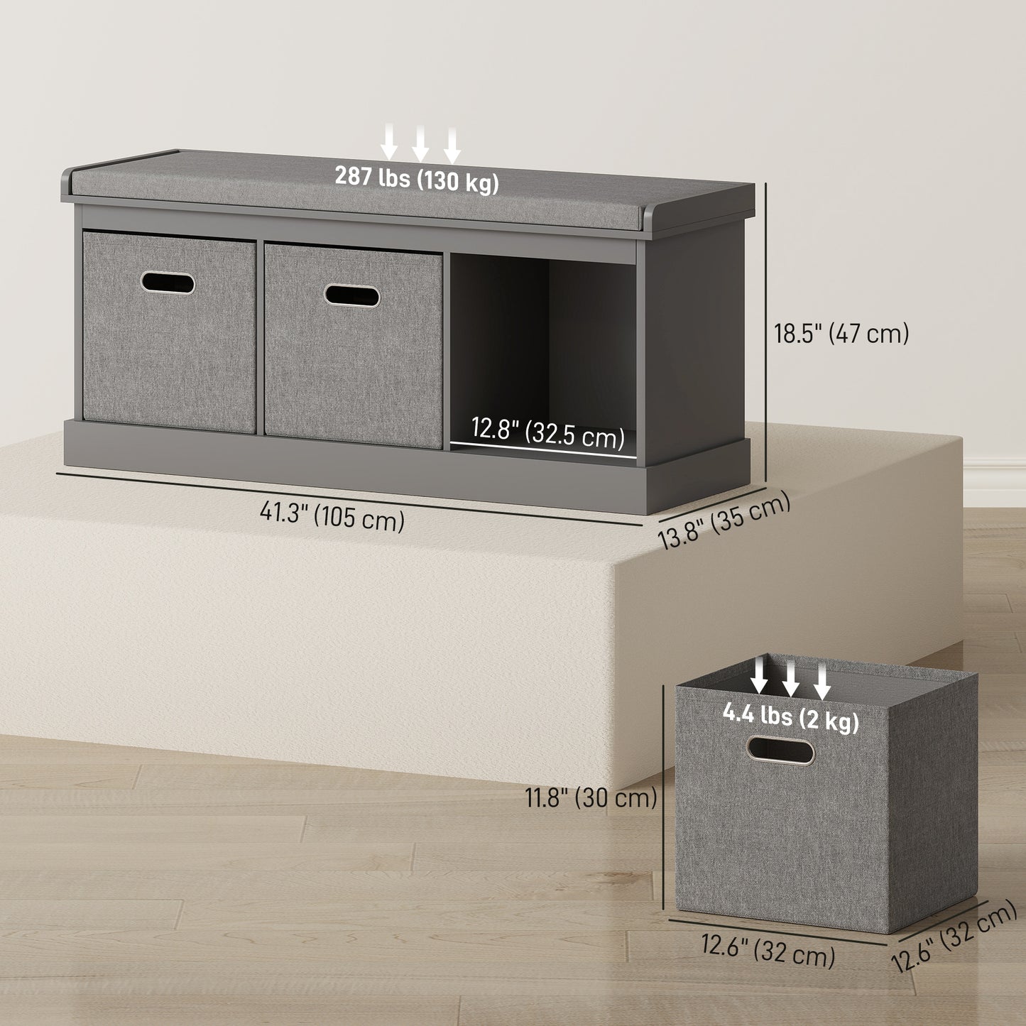 Shoe Storage Bench with Seat, Entryway Bench Seat with Cushion, 3 Fabric Drawers for Hallway, Dark Grey