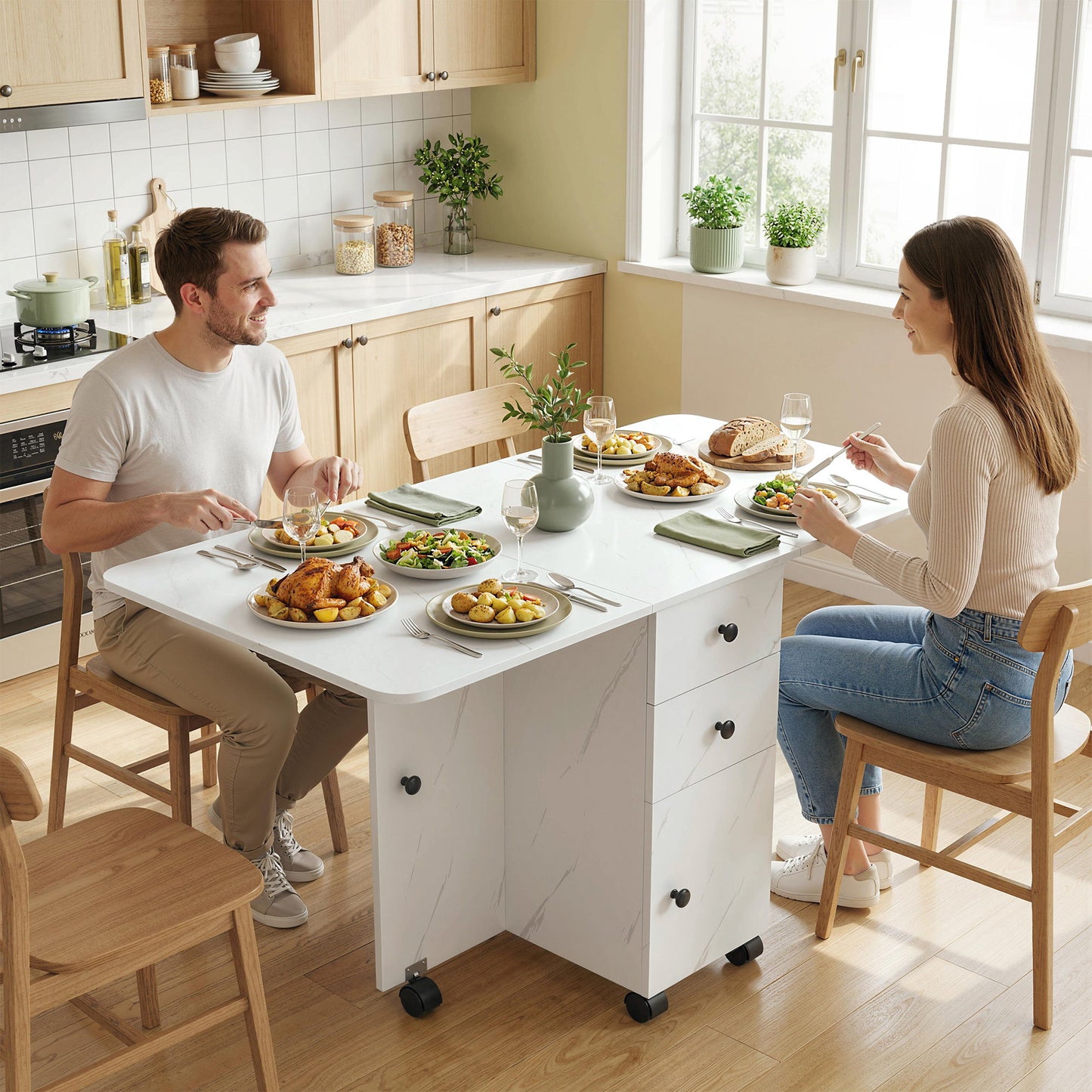 Drop Leaf Dining Table, Mobile Folding Table on Wheels with Drawers and Cabinet for Dining Room, Kitchen, Marble White
