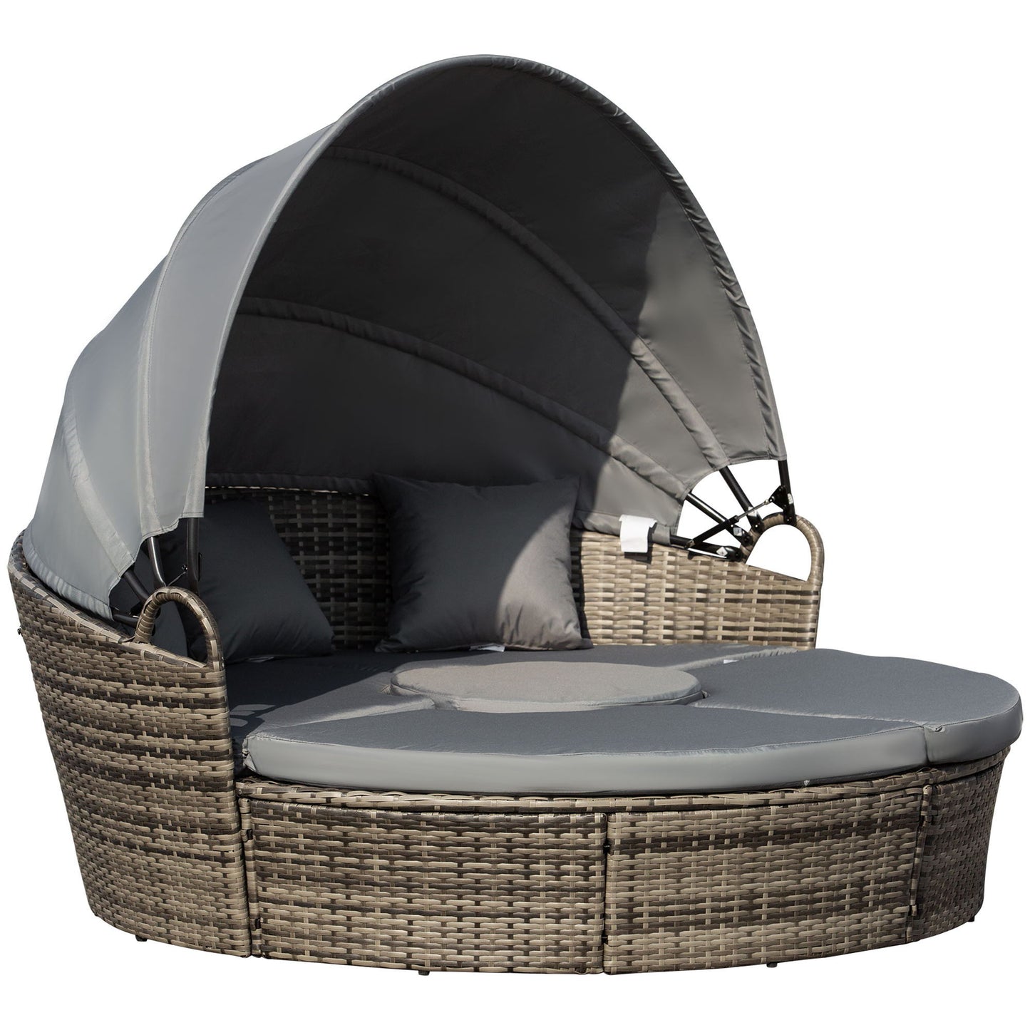 4 Pieces Outdoor Daybed with Retractable Canopy, PE Rattan Wicker Round Sofa Day Bed, Patio Sectional Conversation Furniture Set with Cushions and Pillows, Grey
