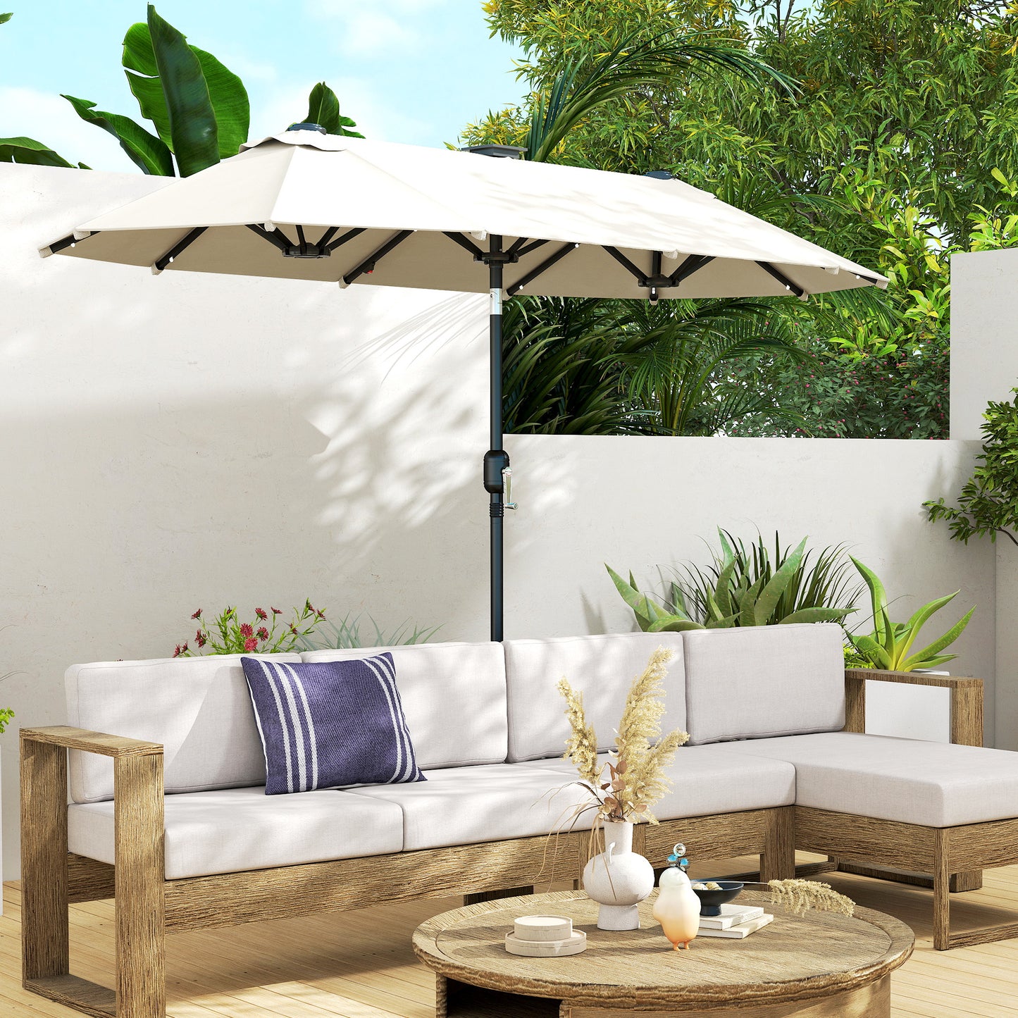 10ft Double-Sided Patio Umbrella with 35 LED Lights, 12 ribs, Extra Large Outdoor Parasol with Twin Canopy, Beige