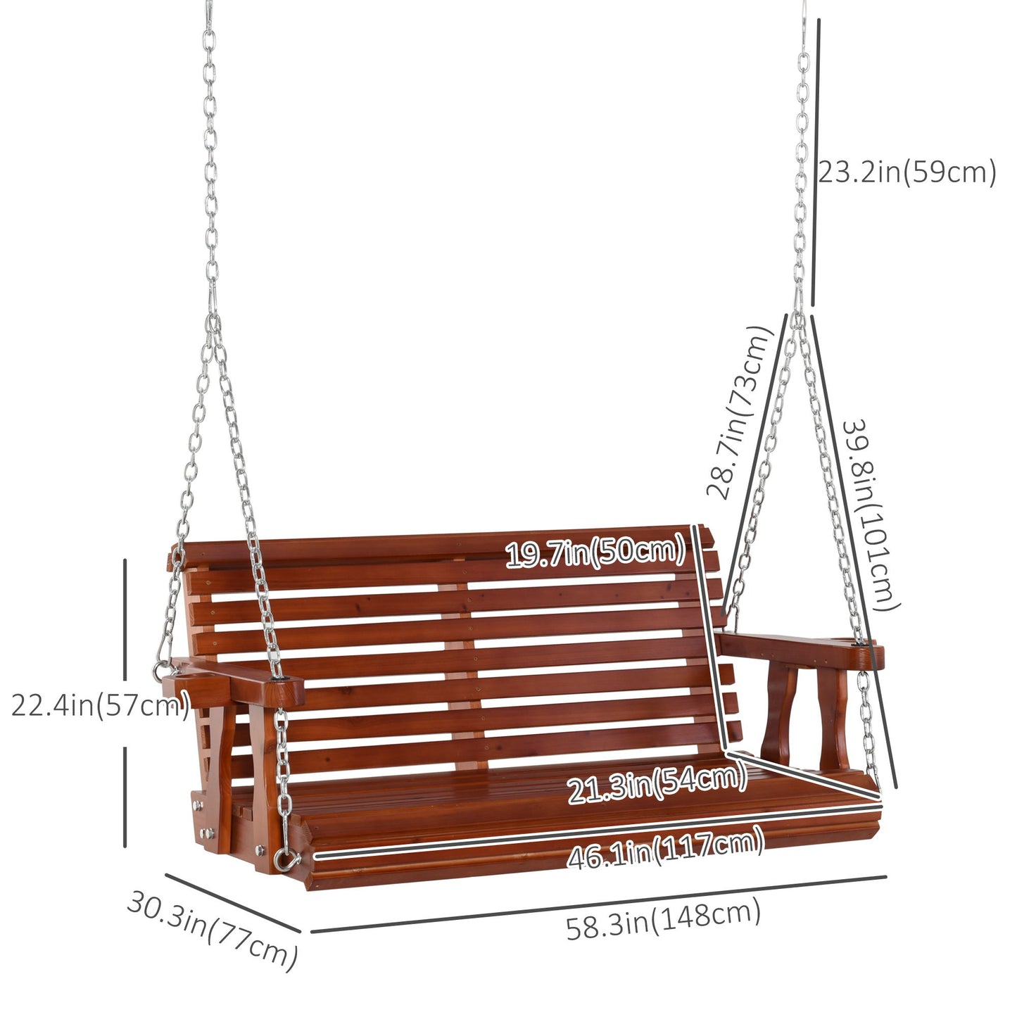 2 Seater Porch Swing Wooden Patio Swing Chair with Cup Holder and Chains Outdoor Swing Bench for Garden Yard, Brown