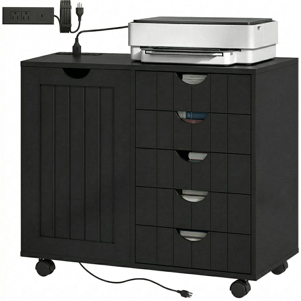 5-Drawer Mobile Lateral Filing Cabinet with Power Outlets - Black