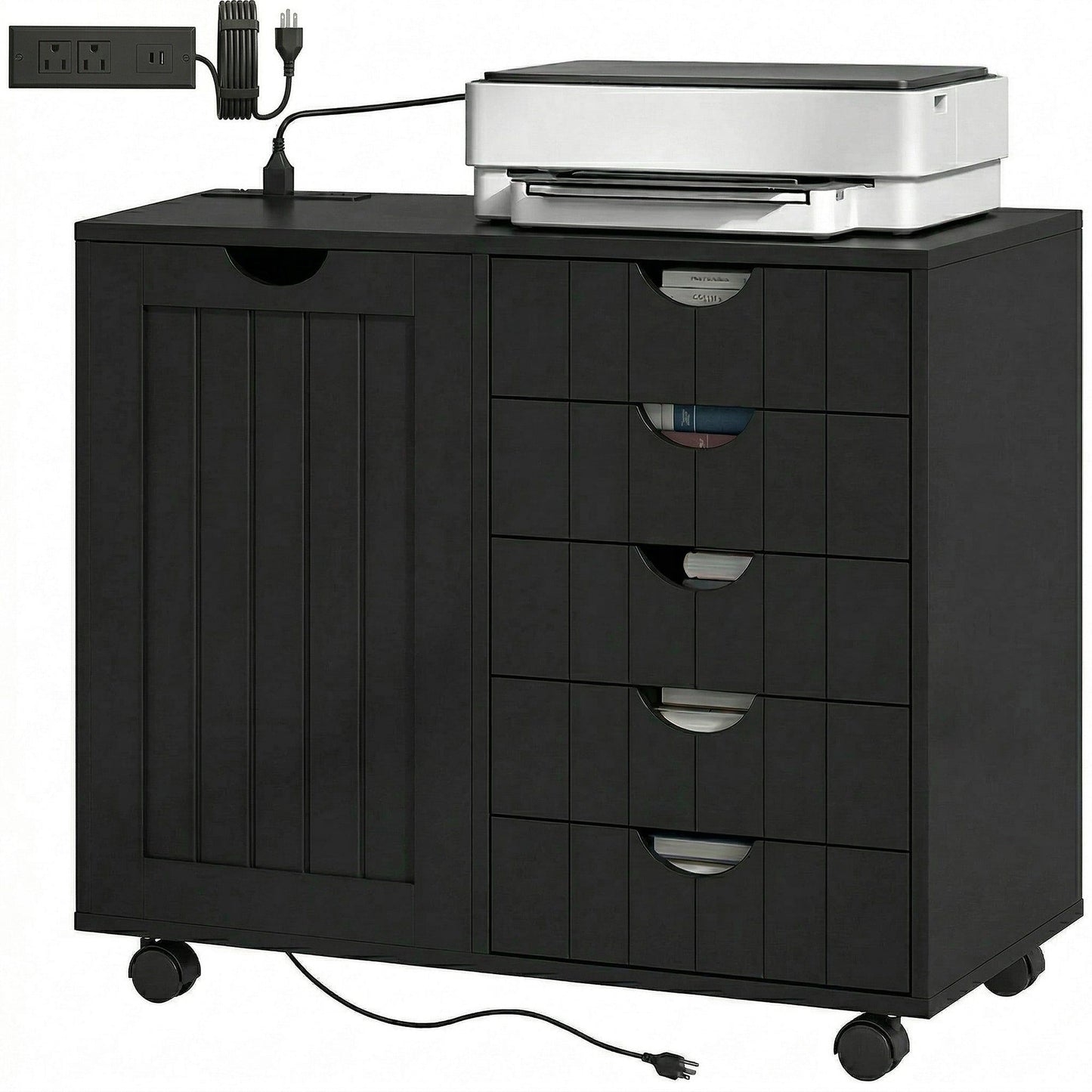 5-Drawer Mobile Lateral Filing Cabinet with Power Outlets - Black