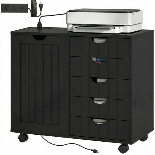 5-Drawer Mobile Lateral Filing Cabinet with Power Outlets - Black