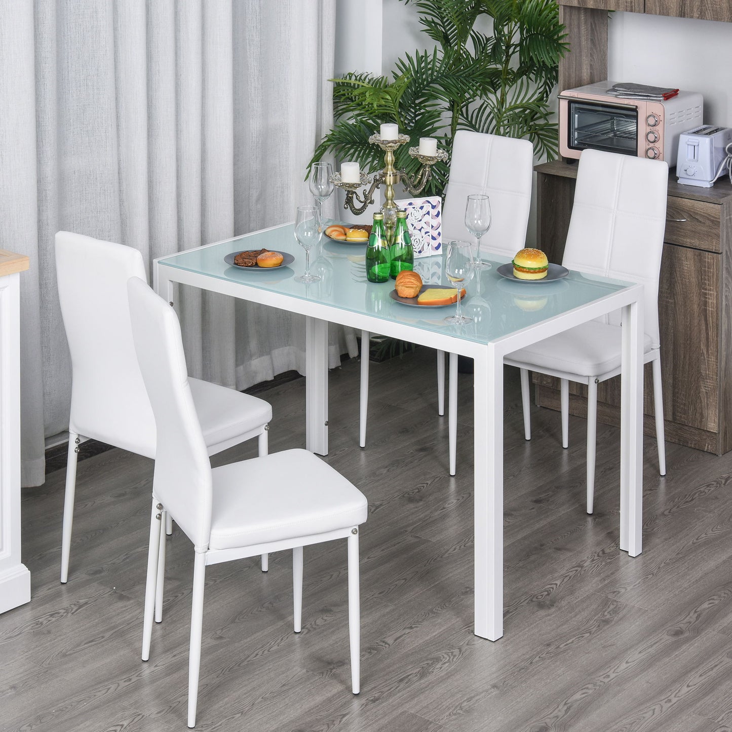 5-Piece Rectangular Glass Kitchen Table and Chairs with Metal Frame and Faux Leather Upholstery for Dining Room, White