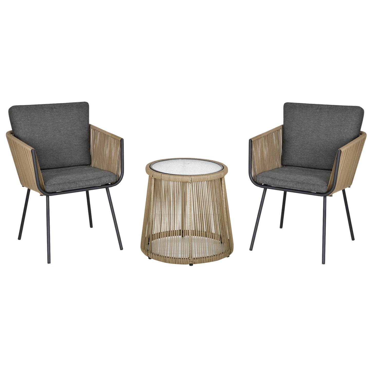 3 Pieces Wicker Patio Furniture Set, Rattan Bistro Set with Coffee Table and Cushions, Outdoor Conversation Set for Garden, Porch, Balcony, Grey