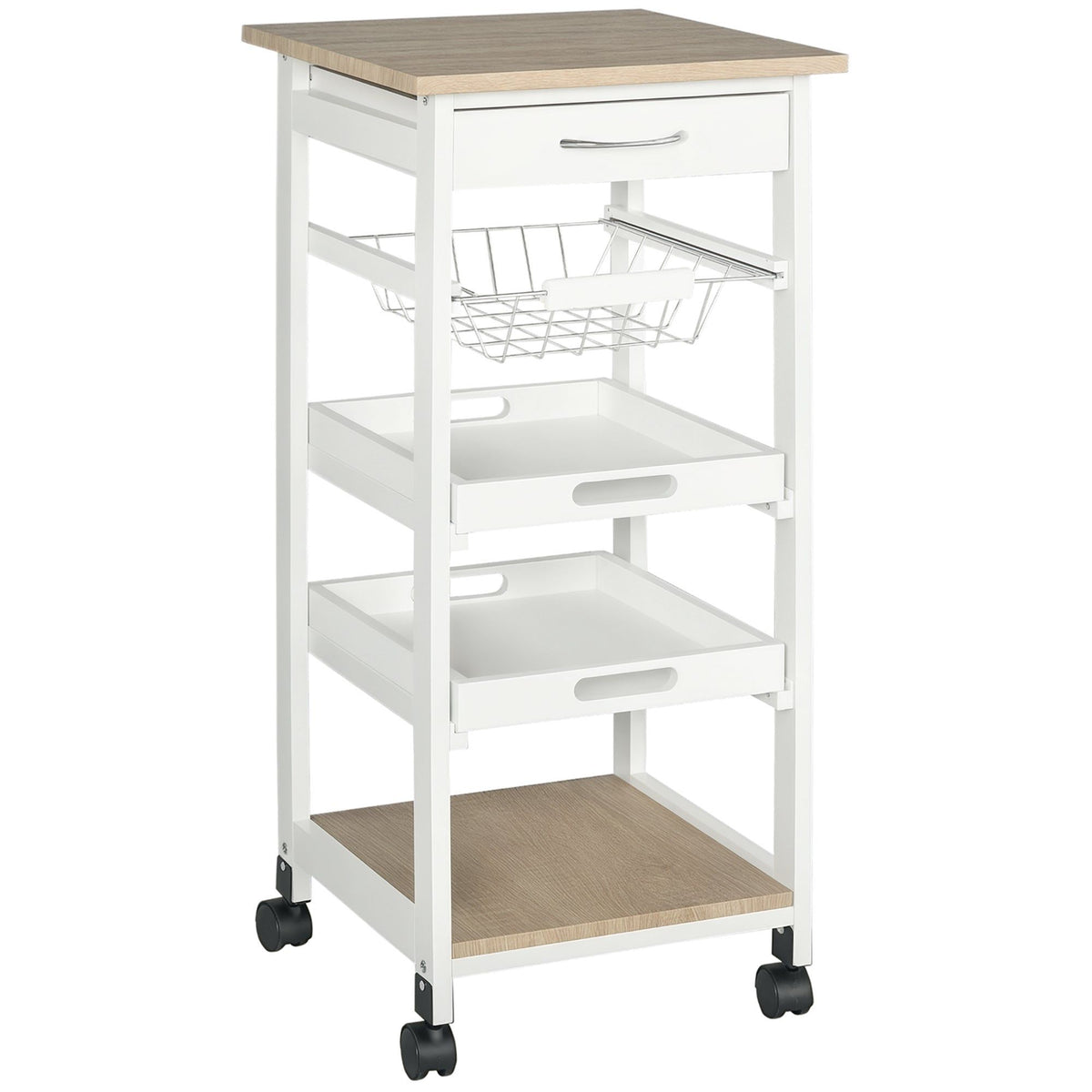 Rolling Kitchen Cart with Drawer and Basket - White
