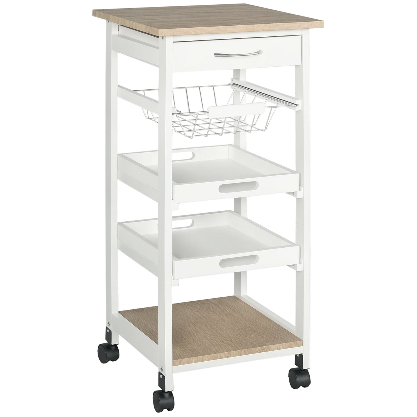 Rolling Kitchen Cart with Drawer and Basket - White