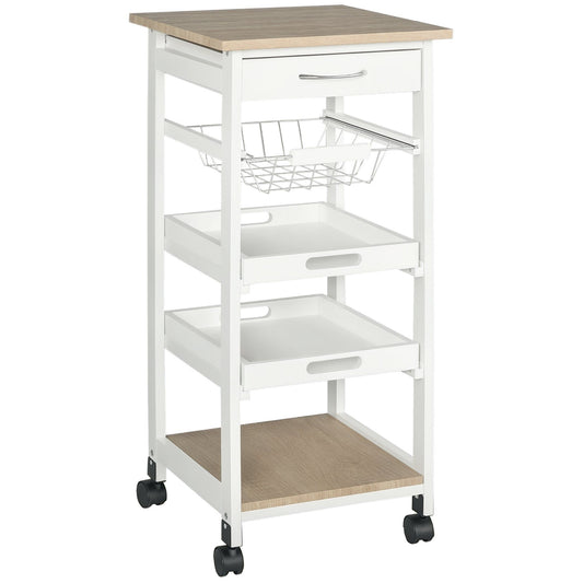 Rolling Kitchen Cart with Drawer and Basket - White