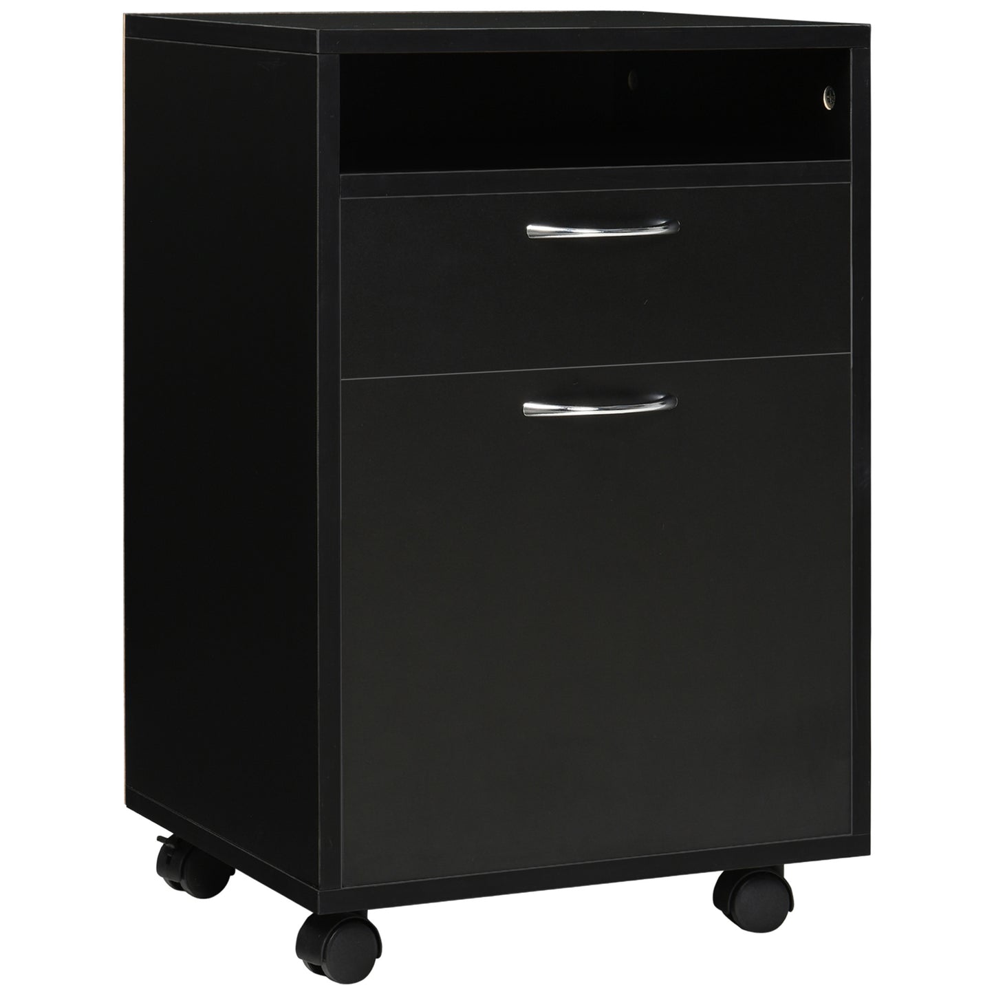 24" Small Filing Cabinet with Open Compartment, Drawer and Wheels, Home Office Storage Cabinet, Black