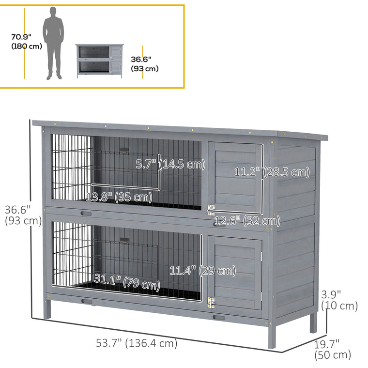2-Tier Grey Wooden Rabbit Hutch with Run