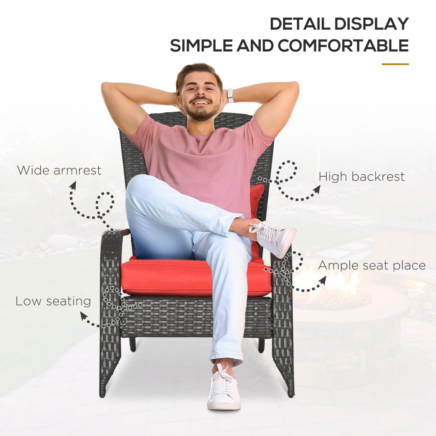 Patio Wicker Adirondack Chair, Outdoor Rattan Muskoka Chair with Cushions for Patio, Garden, Backyard Dark Blue