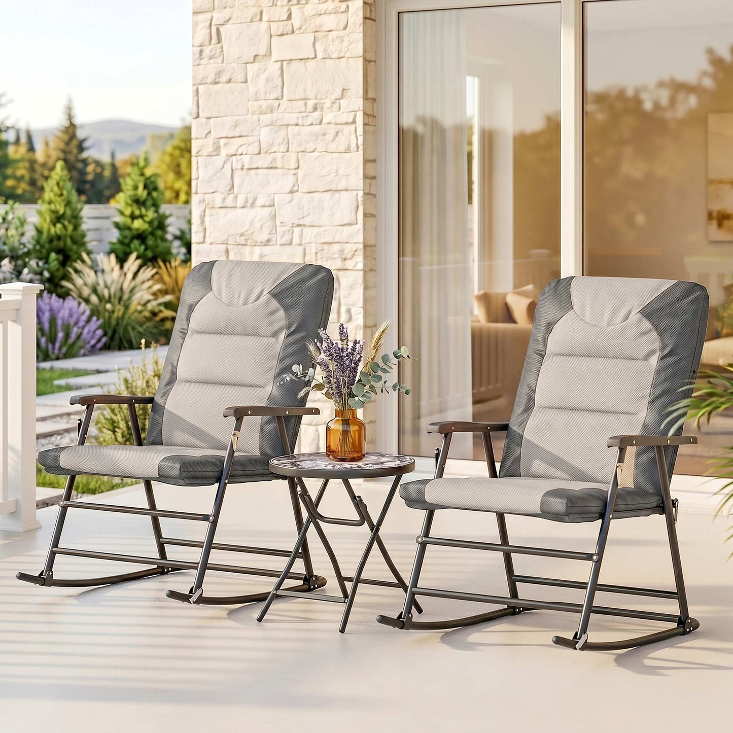 3-Piece Outdoor Foldable Rocking Chair Set, Orange