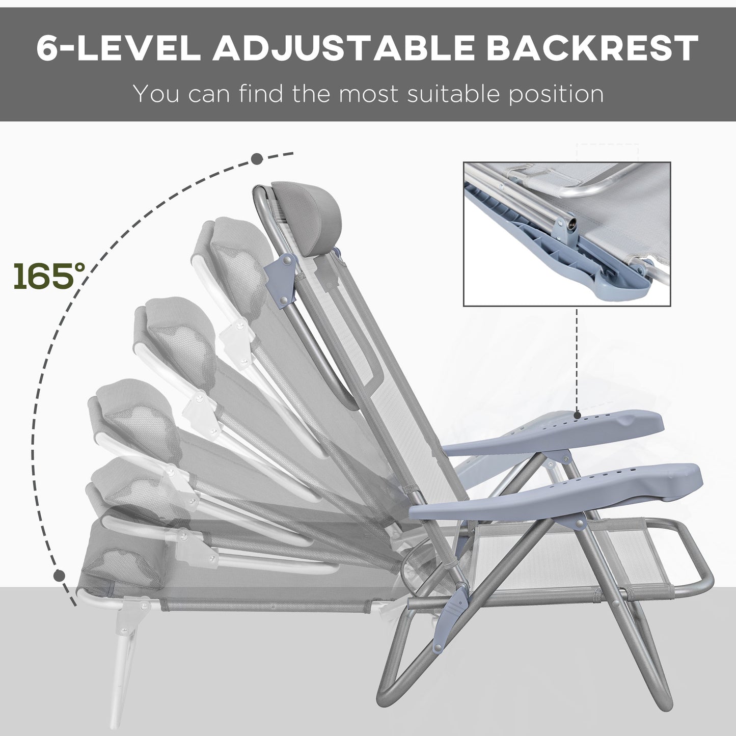 Set of 2 Camping Chairs, Beach Chairs with Adjustable Backrest and Headrest, Folding Chair for Outdoor, Light Grey