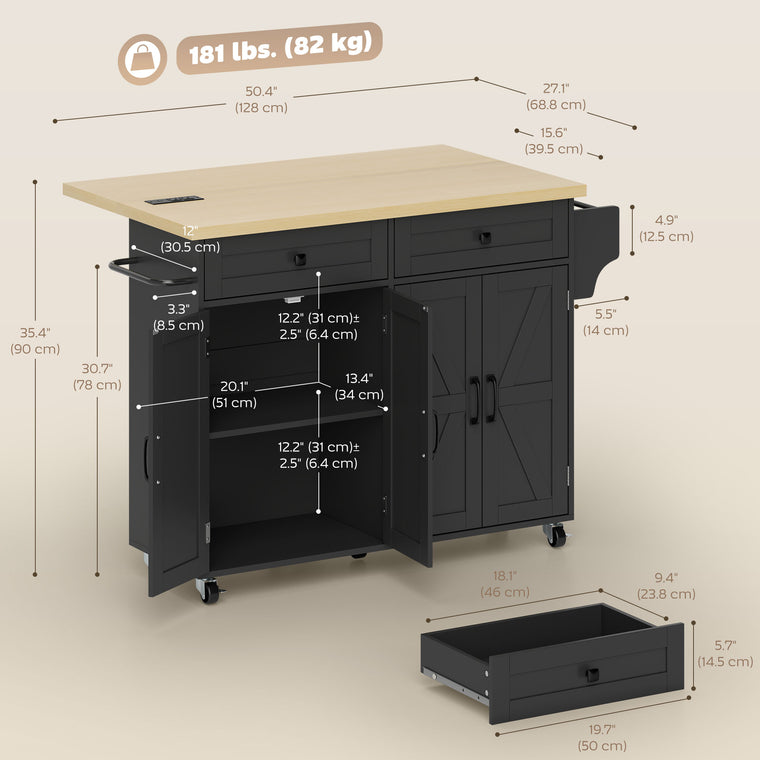 Rolling Kitchen Island Cart with Charging Station