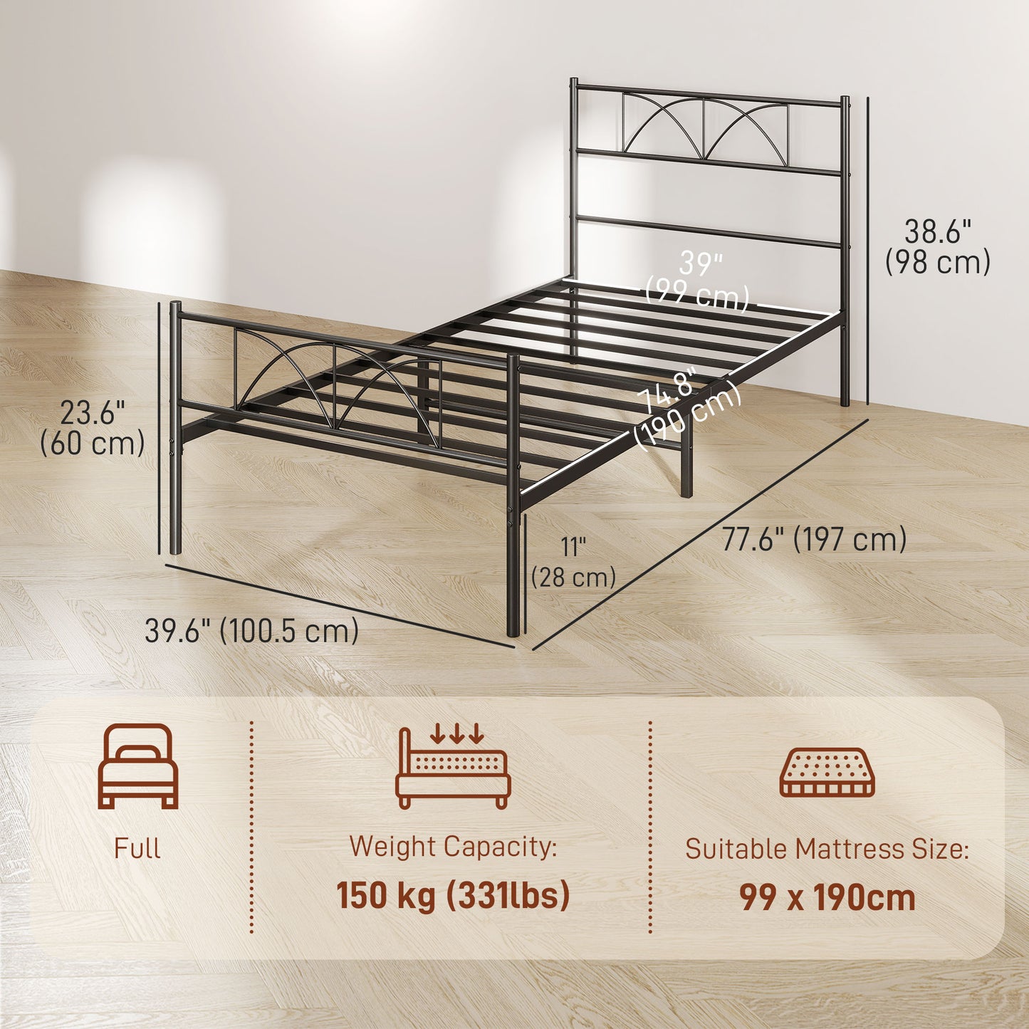 Metal Twin Platform Bed Frame with Headboard, Steel Slat Support, Underbed Storage, No Box Spring Needed, Easy Assembly