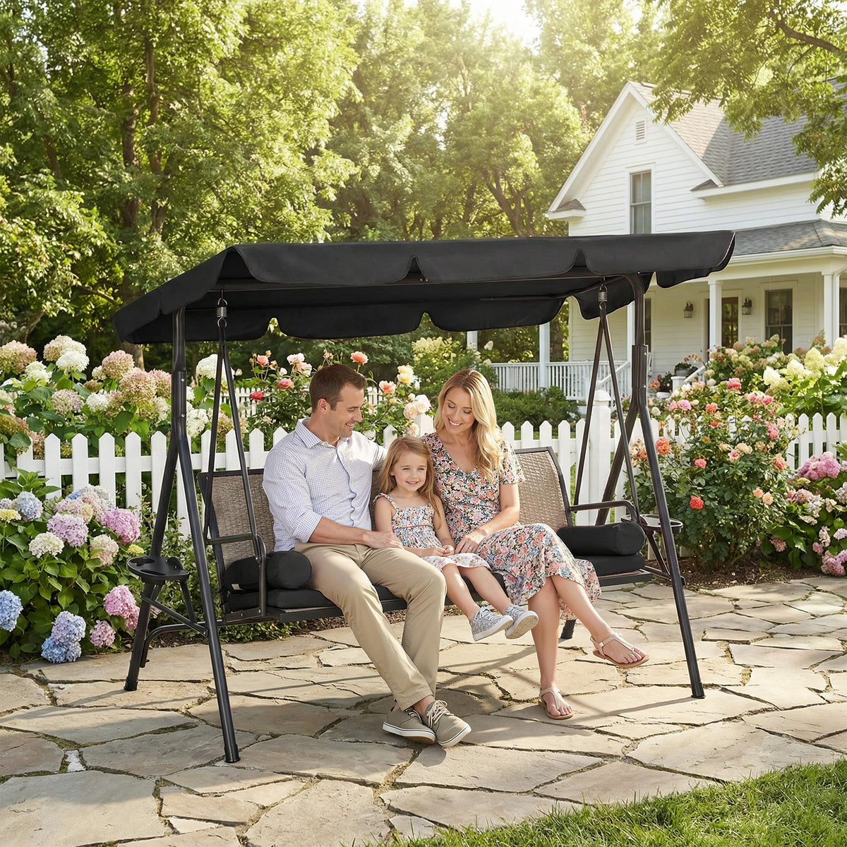 Outdoor 3-Seat Porch Swing with Canopy, Rattan Seat, Removable Cushion, Pillows and Steel Frame