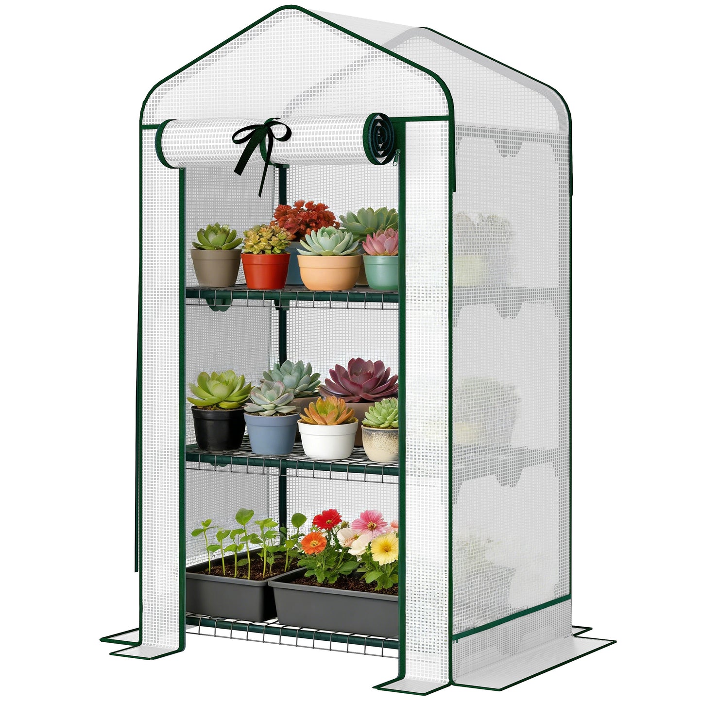 Mini Greenhouse with Screen Roof, Portable Small Greenhouse with Roll-Up Zipper Door