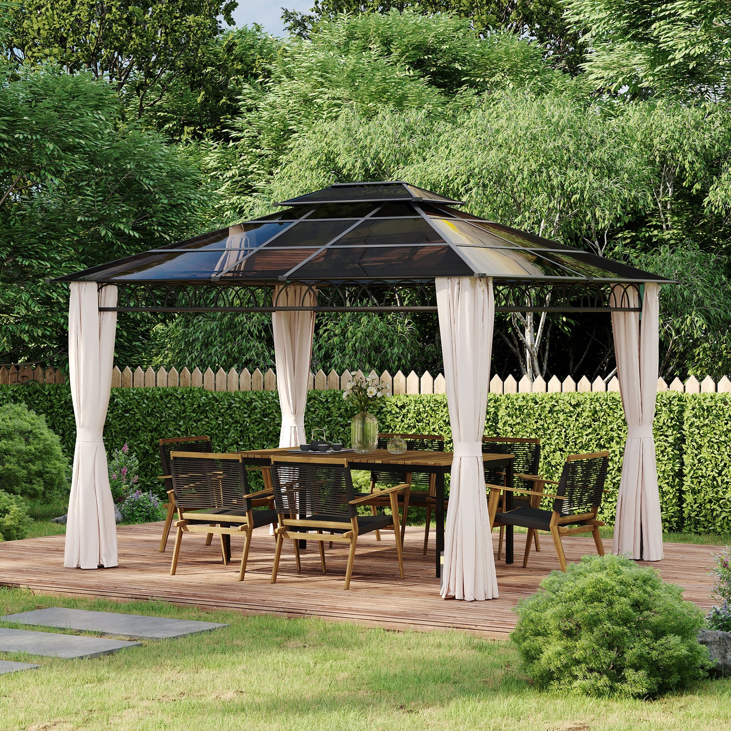 10' x 12' Outdoor Hardtop Gazebo Canopy w/ Double PC Roof, Steel Frame, Nettings, Curtains for Garden Lawn Deck, Khaki