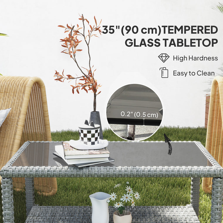 35" Wicker Coffee Table with Glass Top and Storage Shelf