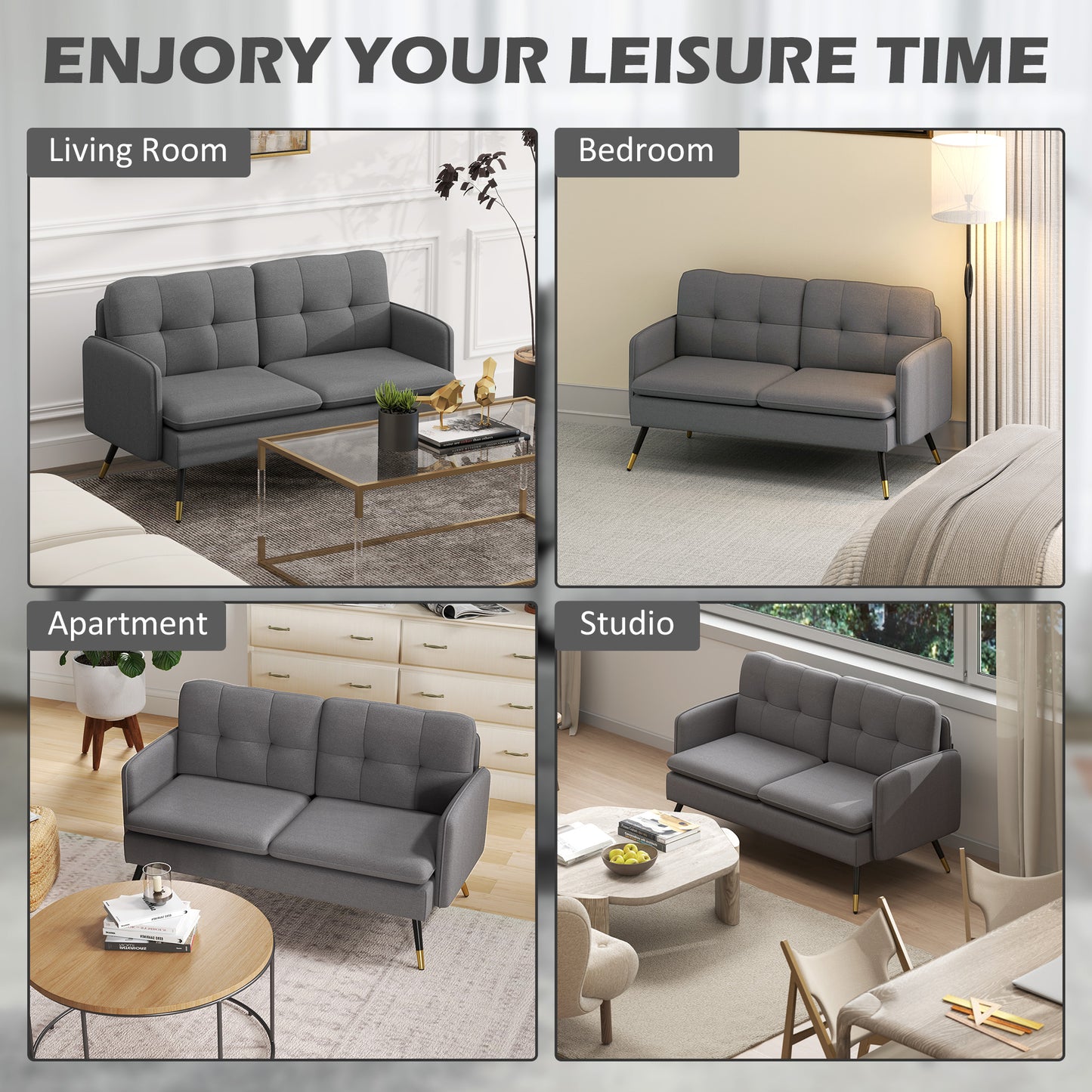 55" Loveseat Sofa, Linen Love Seat w/ S spring, Steel Legs and Button Tufting, Small Couch for Living Room, Dark Grey