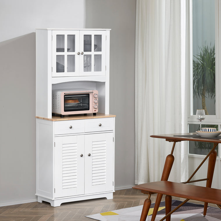 Coastal Kitchen Buffet with Hutch and Glass Doors - White