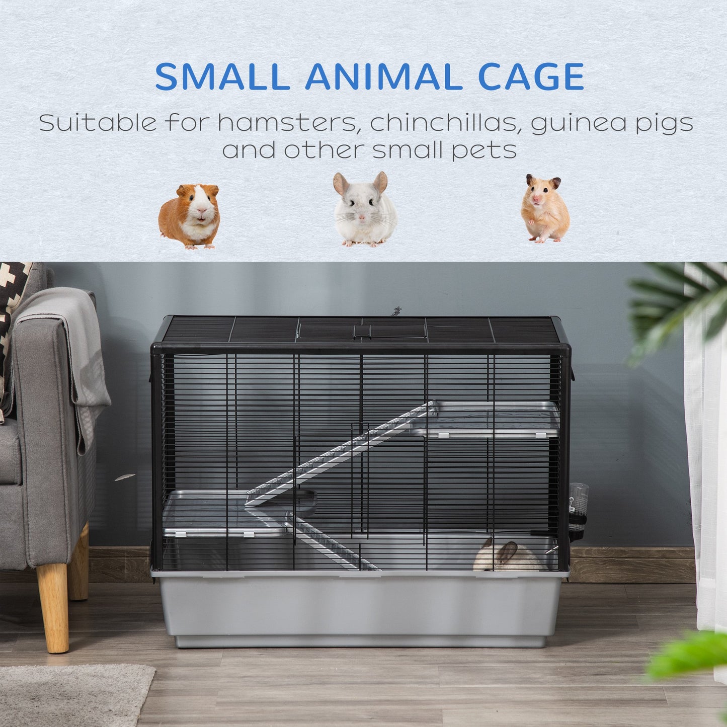 3-tier Hamster Cage, Guinea Pig Cage with Accessories Food Dish Water Bottle, Ramps, 31.5"x19"x 23", Grey