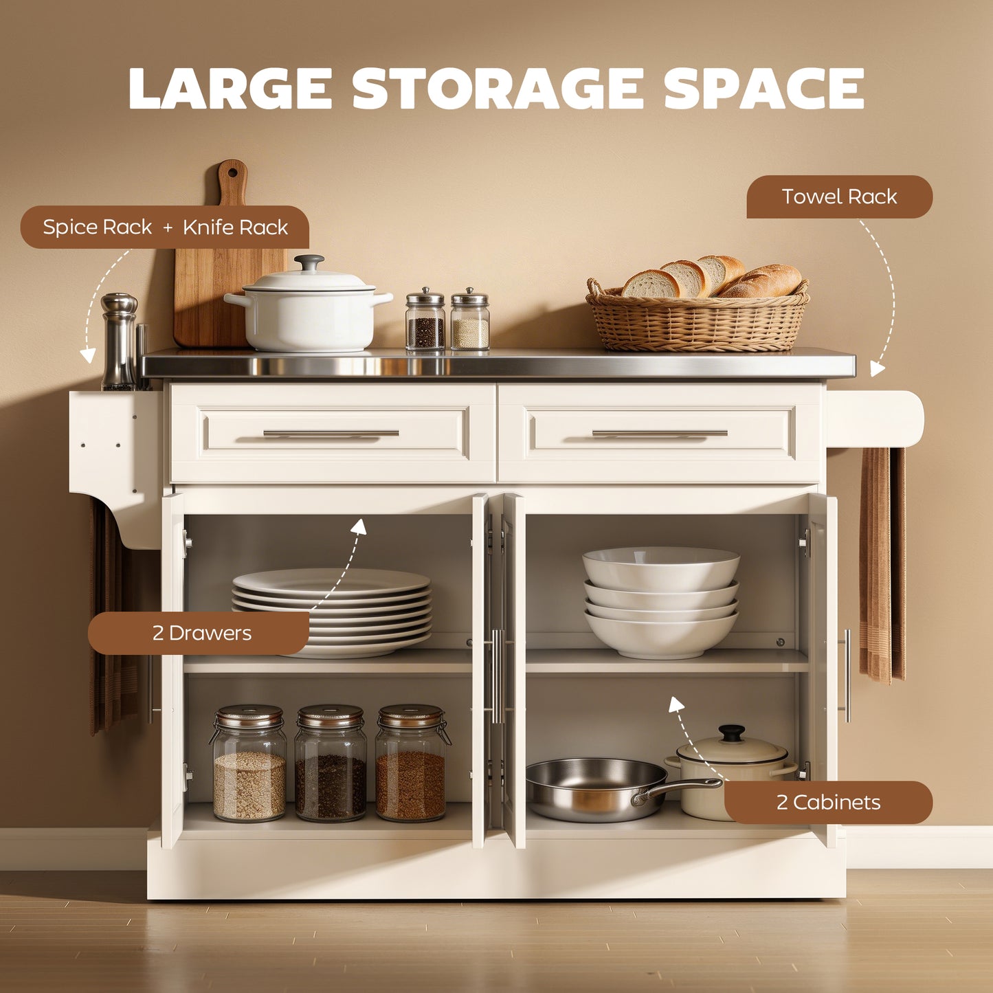 Rolling Kitchen Island with Storage and Stainless Steel Top, Kitchen Trolley with Drawers, Cabinets, Towel Rack, Cream