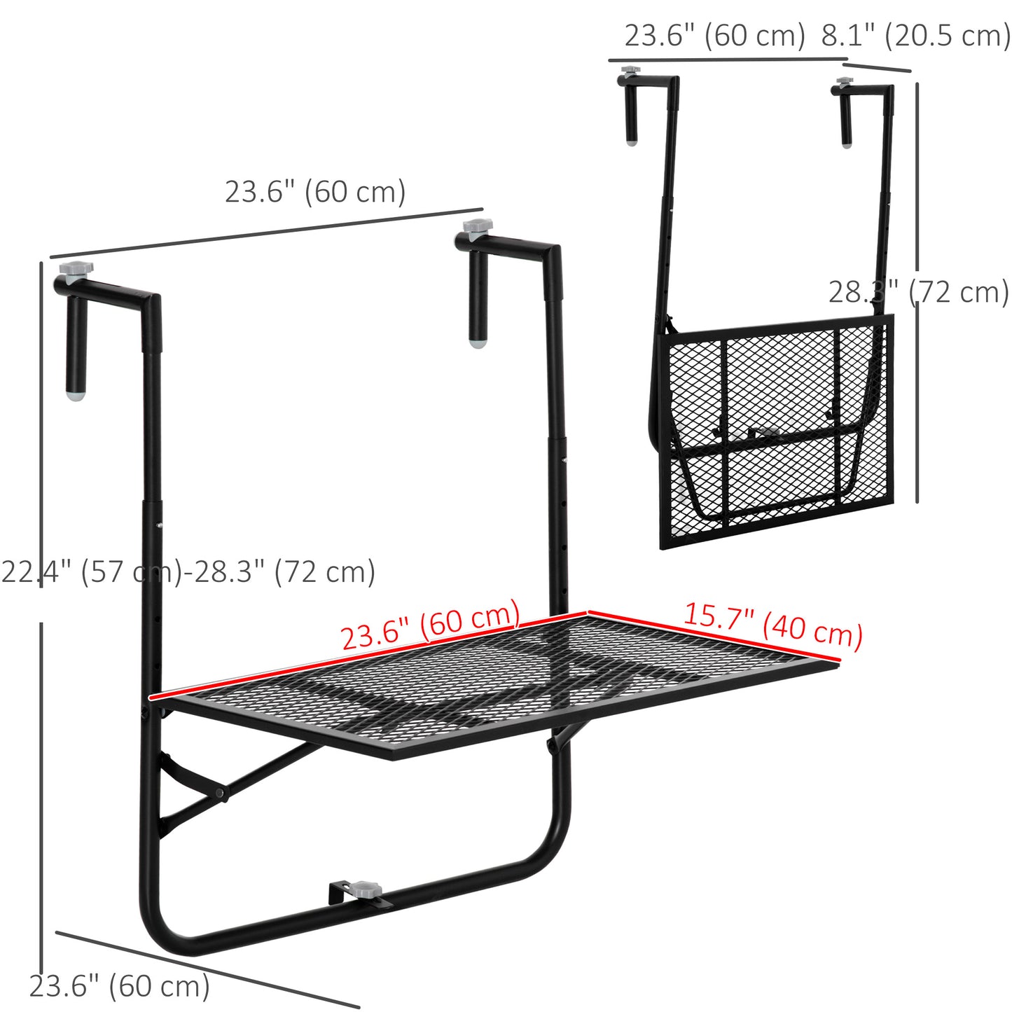 Balcony Hanging Table, Metal Wall Mount Desk, Adjustable Folding Balcony Deck Table for Patio and Garden, Black