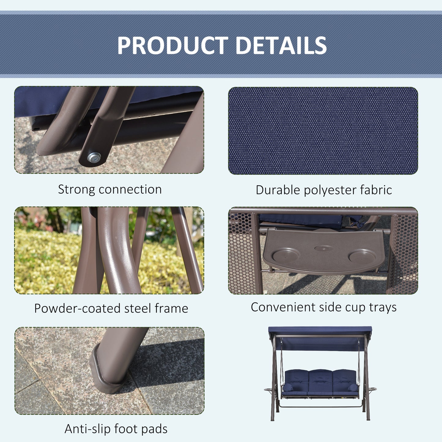 Outdoor Patio 3-Person Steel Canopy Cushioned Seat Bench Swing with Included Side Trays & Padded Comfort, Wine Red