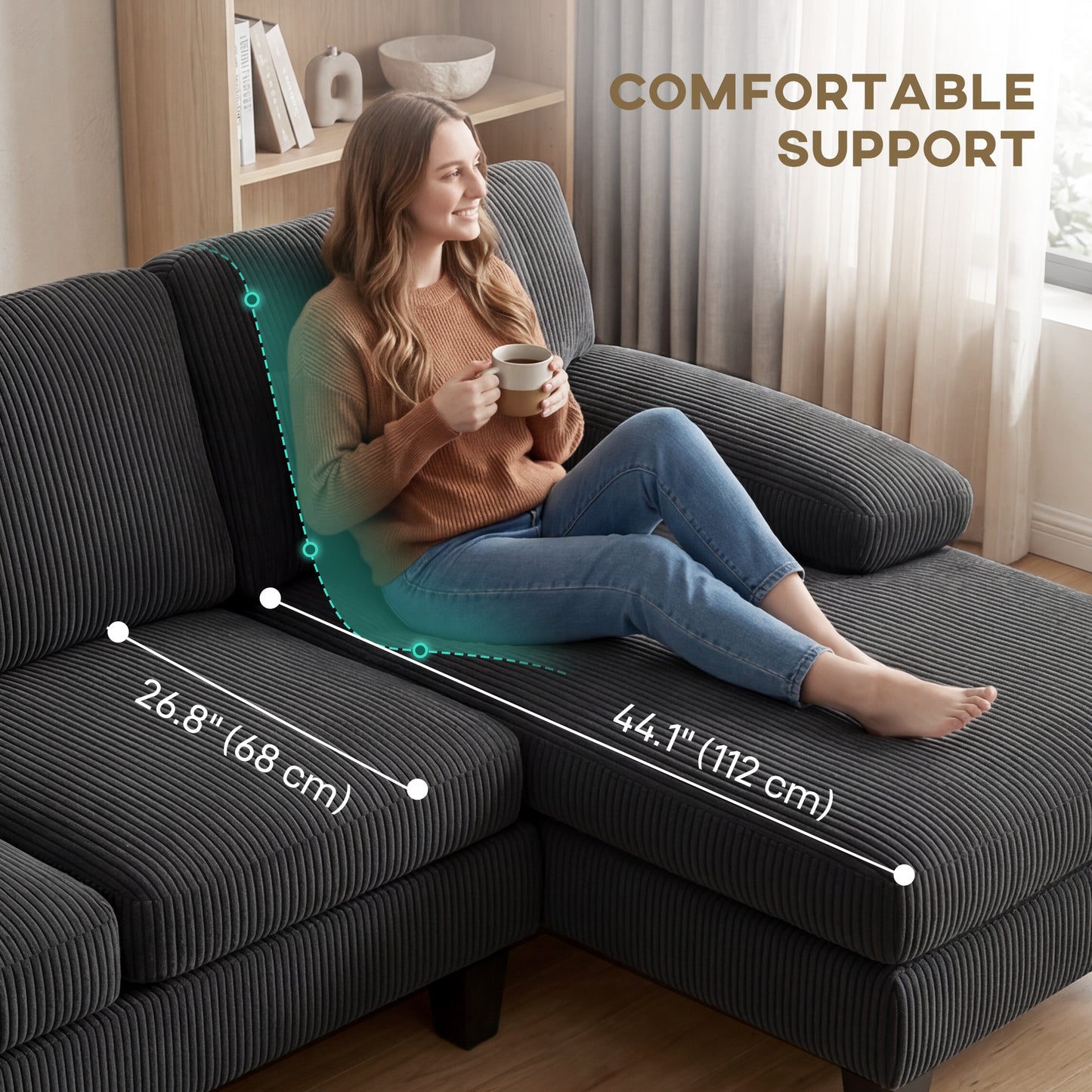 Sectional Sofa, U Shaped Couch with Double Chaise, Pillow-top Armrests and Spring Cushions, 2200lb Capacity, Dark Grey