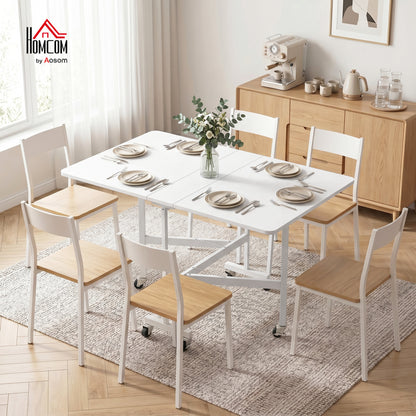 6-Seater Drop-Leaf Dining Table with Wheels - White