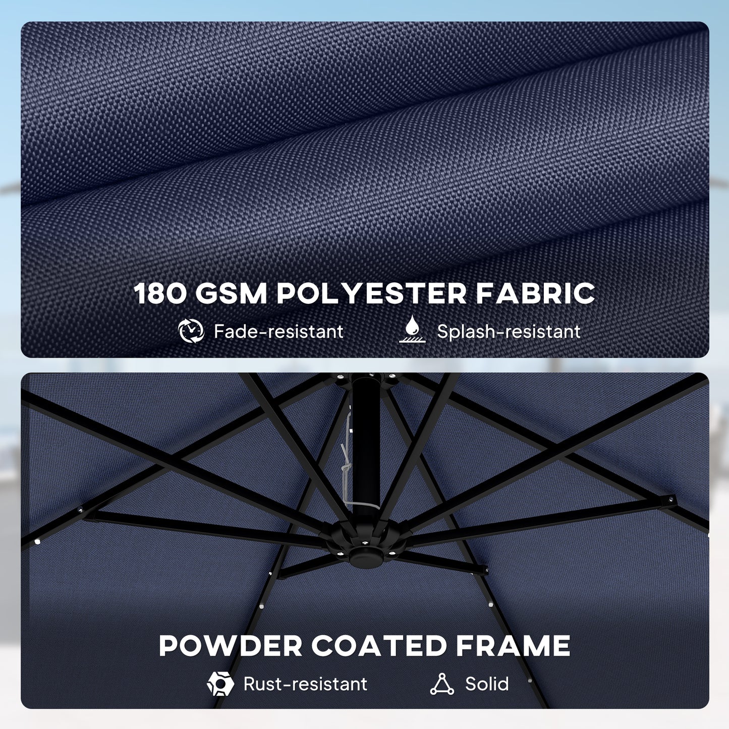 9.7ft Solar LED Cantilever Patio Umbrella with 32 LED Lights, Cross Base, Crank Handle, for Poolside, Deck, Dark Blue