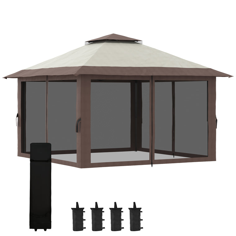 13' x 13' Beige Pop-Up Canopy with 2-Tier Roof & Netting