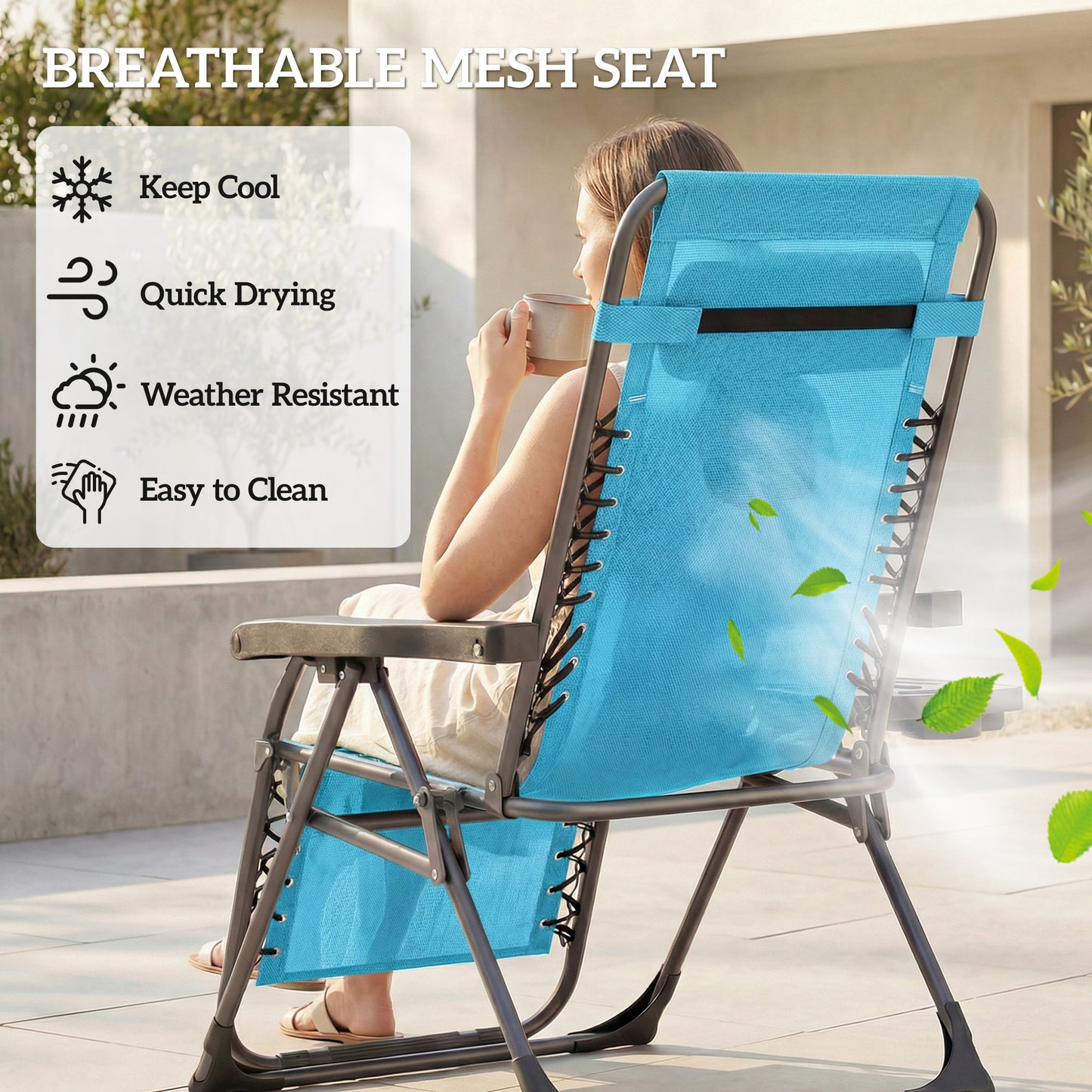 Zero Gravity Chair Set of 2, Folding Reclining Outdoor Lounge Chair with Cup Holder, Headrest, Sky Blue