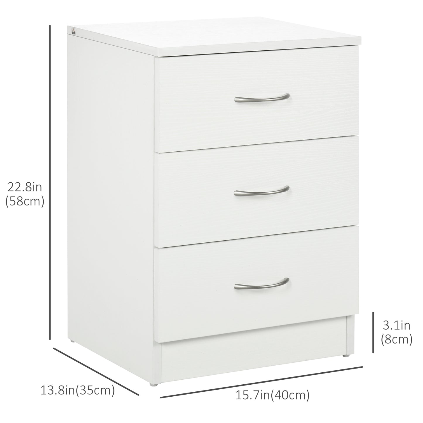 Bedside Table with 3 Drawers, Modern Wood Nightstand, Side End Table for Bedroom, White