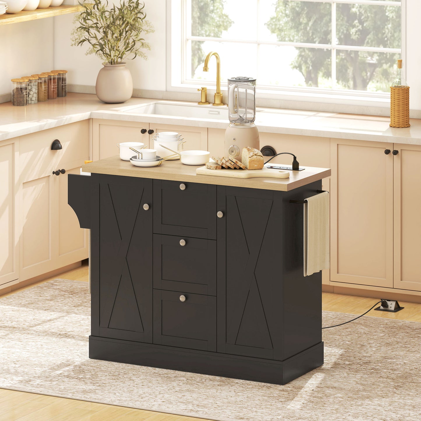 Farmhouse Kitchen Island Cart with Power Outlet and Soft-Close Doors, 49" Kitchen Island with 3 Drawers, Black
