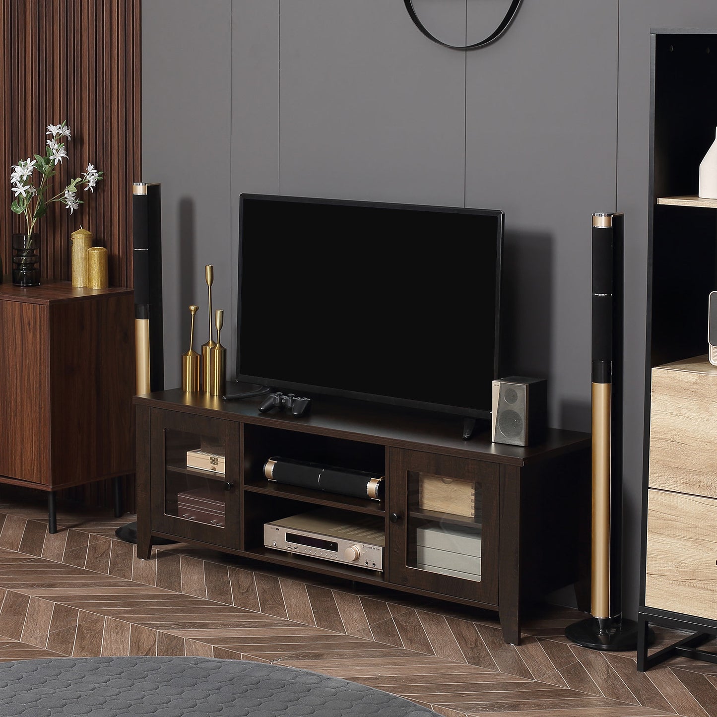 Fireplace TV Stand for TVs up to 60 Inch, Wood TV Cabinet with Storage Doors for Living Room, Coffee