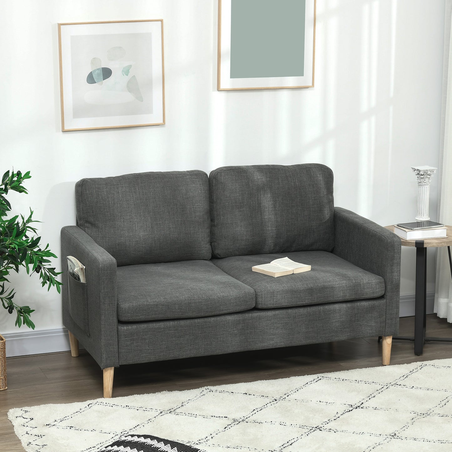 56" 2 Seat Sofa, Modern Love Seats Furniture, Upholstered 2 Seater Couch with Side Pockets, Solid Wood Frame, Grey