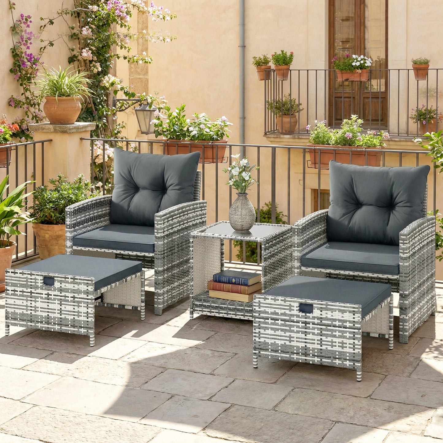 Wicker Patio Chairs with Ottomans, 2-Tier Glass Coffee Table and Cushions, 5 Pcs Patio Furniture Set, Grey