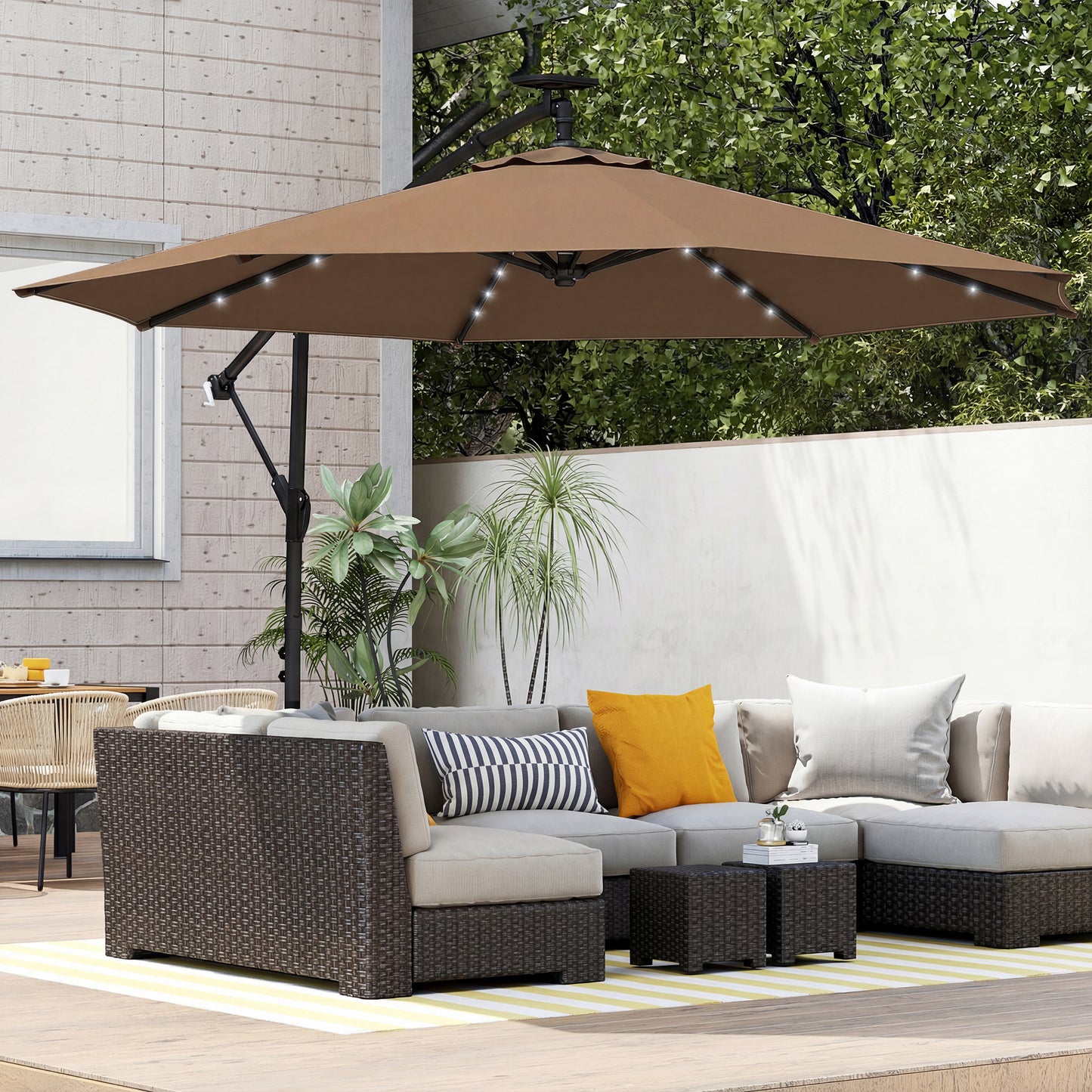9.7 ft Cantilever Patio Umbrella with Solar Light, Garden Hanging Parasol with Cover, Tilt, Crank, Khaki