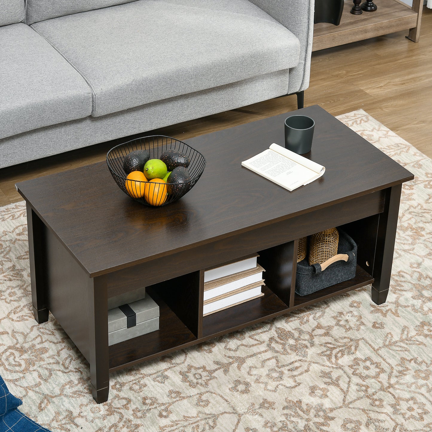 Lift Top Coffee Table, Modern Center Table with Storage Shelves and Hidden Compartment for Living Room, 41" L, Espresso