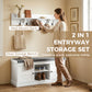 2 in 1 Coat Rack Shoe Bench Set with 6 Hooks and Shoe Storage Bench, White and Grey