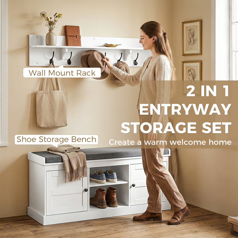 Coat Rack Shoe Bench Set with 6 Hooks - White and Grey